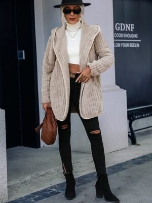 Casual Loose Plain Turndown Long Sleeve Sherpa Jacket - Image 3