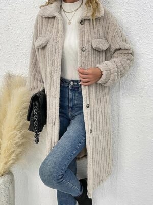 Casual Loose Plain Turndown Long Sleeve Long Teddy Coat - Image 3
