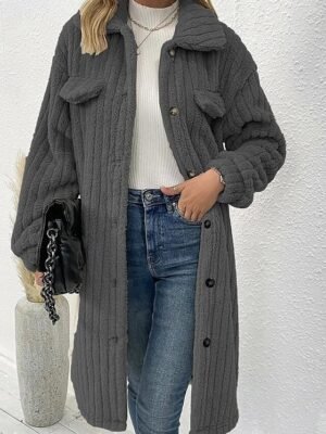 Casual Loose Plain Turndown Long Sleeve Long Teddy Coat - Image 4