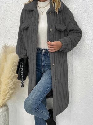 Casual Loose Plain Turndown Long Sleeve Long Teddy Coat - Image 5
