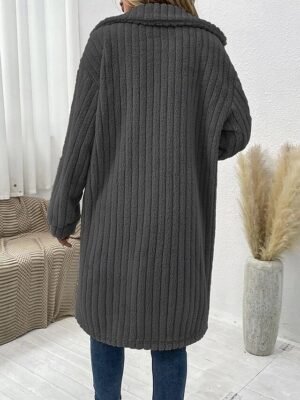 Casual Loose Plain Turndown Long Sleeve Long Teddy Coat - Image 6