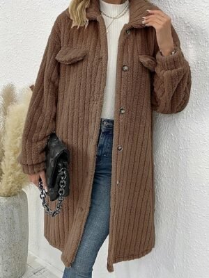 Casual Loose Plain Turndown Long Sleeve Long Teddy Coat - Image 7
