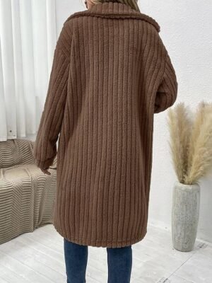 Casual Loose Plain Turndown Long Sleeve Long Teddy Coat - Image 8