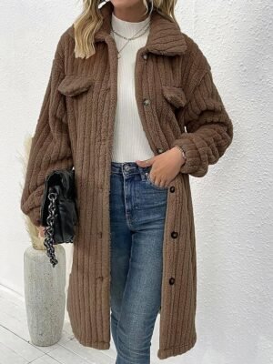 Casual Loose Plain Turndown Long Sleeve Long Teddy Coat - Image 9