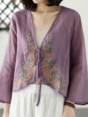 Casual Loose Plain V Neck Long Sleeve Embroidered Shirt - Image 2