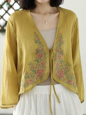 Casual Loose Plain V Neck Long Sleeve Embroidered Shirt - Image 5