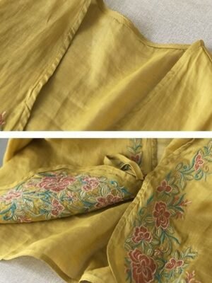 Casual Loose Plain V Neck Long Sleeve Embroidered Shirt - Image 8