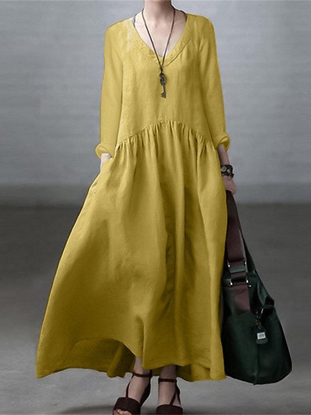 Casual Loose Plain V Neck Long Sleeve Maxi Dress - Image 1