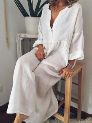 Casual Loose Plain V Neck Long Sleeve Maxi Dress - Image 1