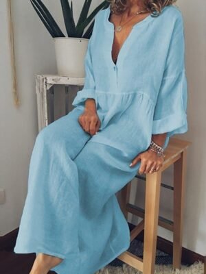 Casual Loose Plain V Neck Long Sleeve Maxi Dress - Image 4