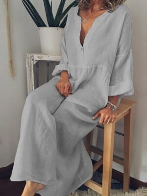 Casual Loose Plain V Neck Long Sleeve Maxi Dress - Image 5