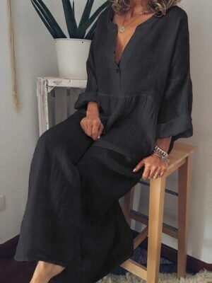Casual Loose Plain V Neck Long Sleeve Maxi Dress - Image 6