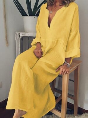 Casual Loose Plain V Neck Long Sleeve Maxi Dress - Image 7