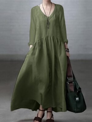 Casual Loose Plain V Neck Long Sleeve Maxi Dress - Image 7