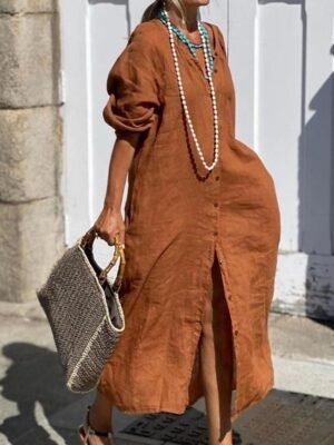 Casual Loose Plain V Neck Maxi Dress - Image 1