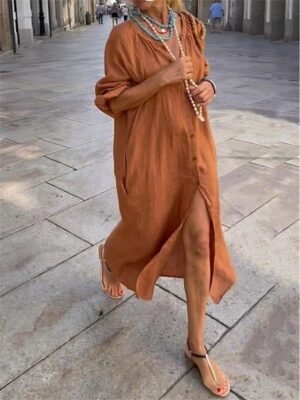 Casual Loose Plain V Neck Maxi Dress - Image 4