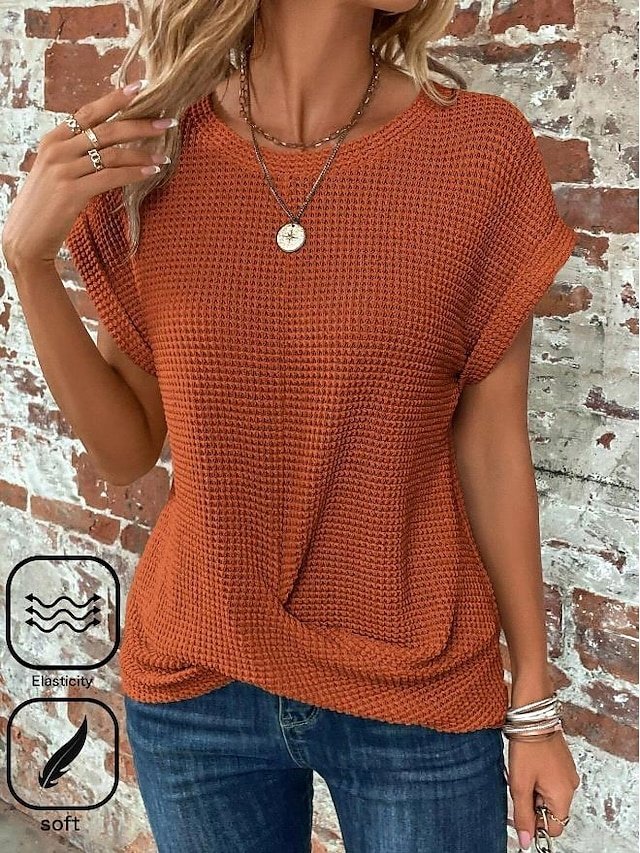 Casual Loose Plain V Neck Short Sleeve Knitted Top - Image 1