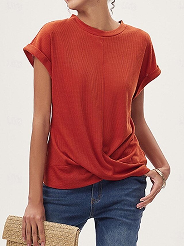 Casual Loose Plain V Neck Short Sleeve Knitted Top - Image 10