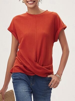 Casual Loose Plain V Neck Short Sleeve Knitted Top - Image 11