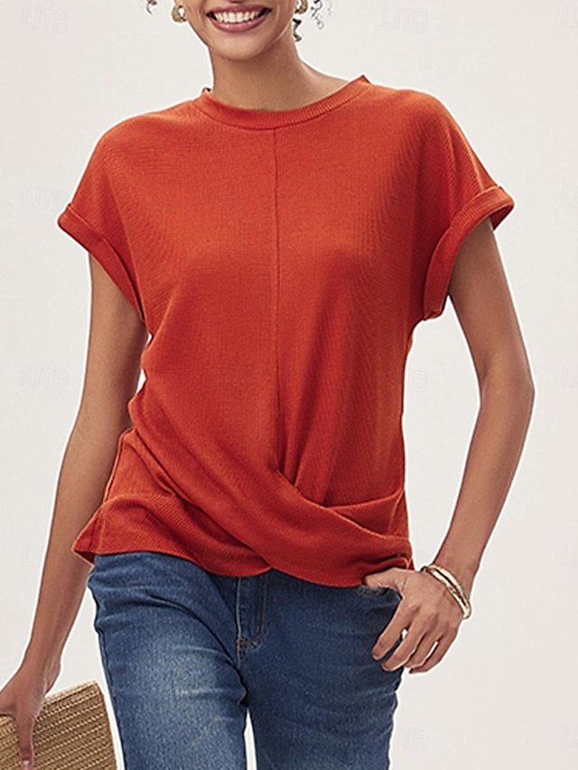 Casual Loose Plain V Neck Short Sleeve Knitted Top - Image 11