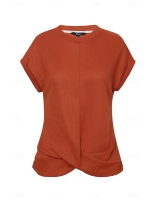Casual Loose Plain V Neck Short Sleeve Knitted Top - Image 12