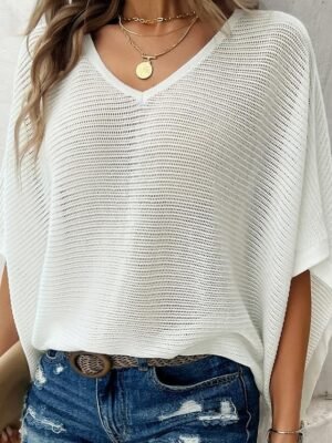 Casual Loose Plain V Neck Short Sleeve Knitted Top - Image 19