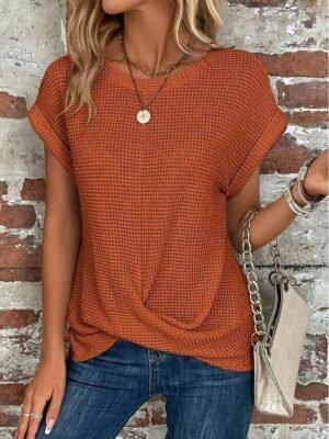 Casual Loose Plain V Neck Short Sleeve Knitted Top - Image 2