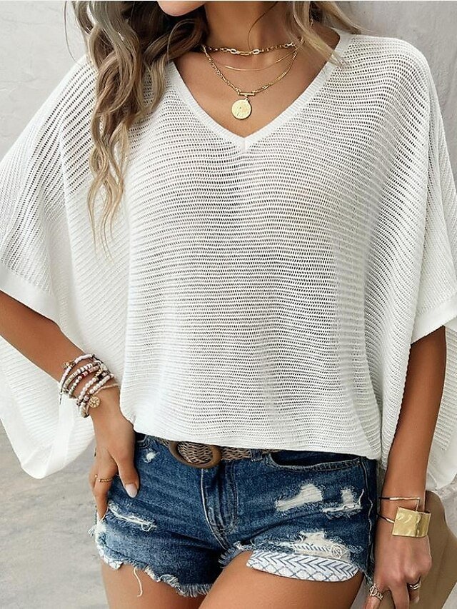 Casual Loose Plain V Neck Short Sleeve Knitted Top - Image 20