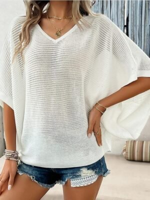 Casual Loose Plain V Neck Short Sleeve Knitted Top - Image 21