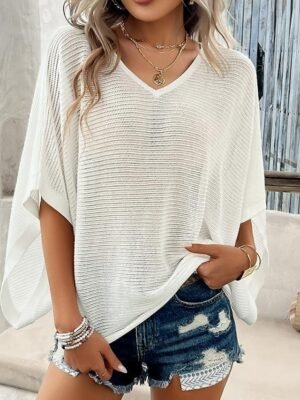 Casual Loose Plain V Neck Short Sleeve Knitted Top - Image 22