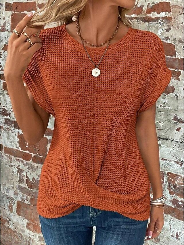 Casual Loose Plain V Neck Short Sleeve Knitted Top - Image 3