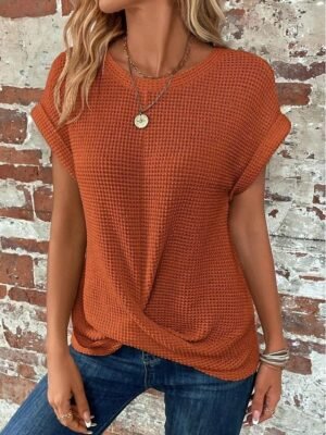 Casual Loose Plain V Neck Short Sleeve Knitted Top - Image 4