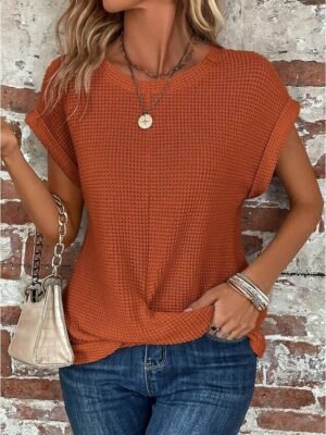 Casual Loose Plain V Neck Short Sleeve Knitted Top - Image 5