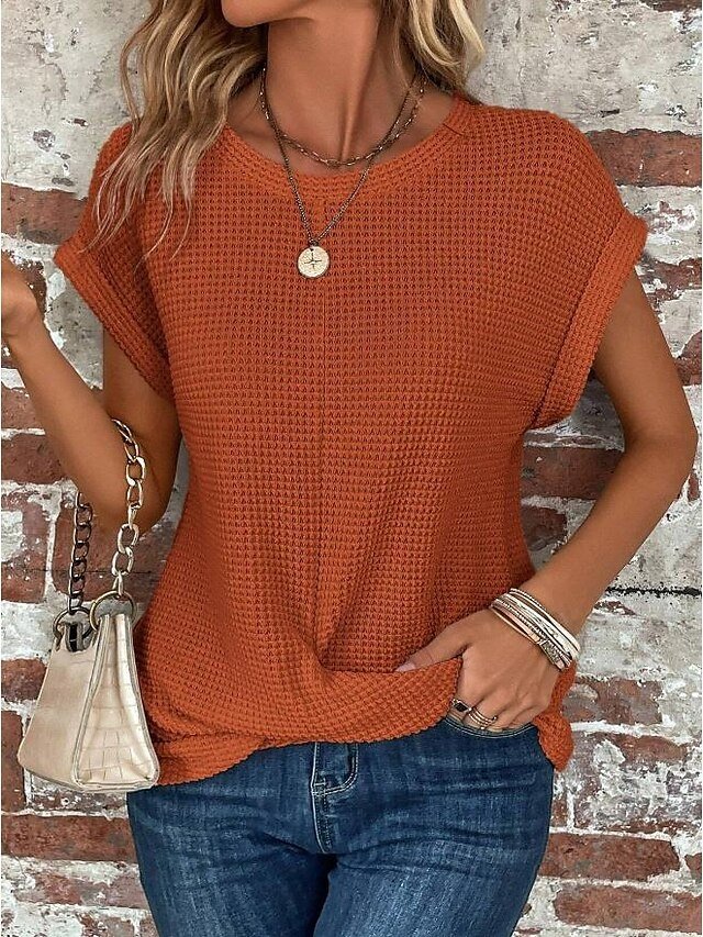 Casual Loose Plain V Neck Short Sleeve Knitted Top - Image 5