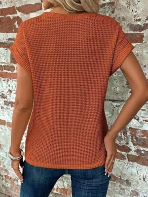Casual Loose Plain V Neck Short Sleeve Knitted Top - Image 6