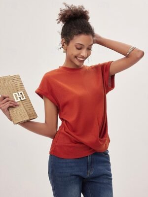 Casual Loose Plain V Neck Short Sleeve Knitted Top - Image 7