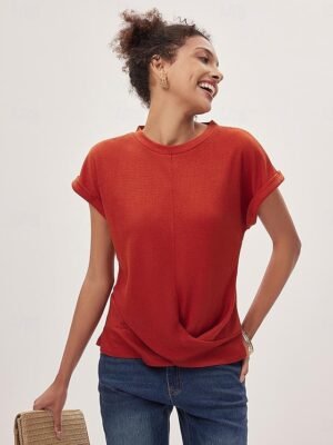 Casual Loose Plain V Neck Short Sleeve Knitted Top - Image 8