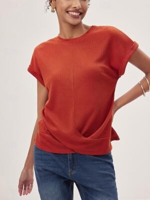 Casual Loose Plain V Neck Short Sleeve Knitted Top - Image 9