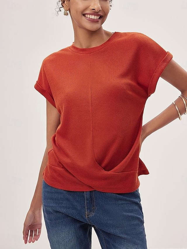 Casual Loose Plain V Neck Short Sleeve Knitted Top - Image 9