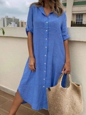 Casual Loose Plain V Neck Short Sleeve Maxi Dress - Image 1