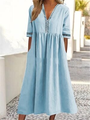 Casual Loose Plain V Neck Short Sleeve Midi Dress - Image 1