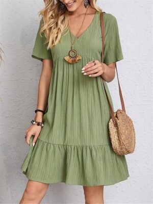 Casual Loose Plain V Neck Short Sleeve Mini Dress - Image 1