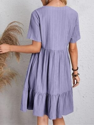Casual Loose Plain V Neck Short Sleeve Mini Dress - Image 11