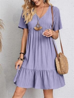 Casual Loose Plain V Neck Short Sleeve Mini Dress - Image 12