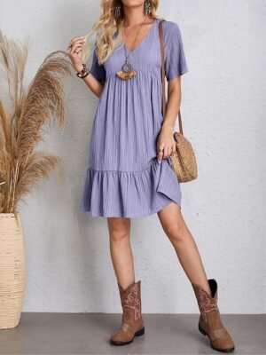 Casual Loose Plain V Neck Short Sleeve Mini Dress - Image 13