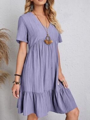 Casual Loose Plain V Neck Short Sleeve Mini Dress - Image 14