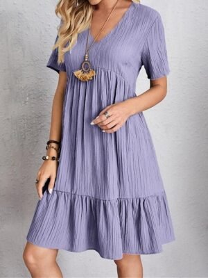 Casual Loose Plain V Neck Short Sleeve Mini Dress - Image 15