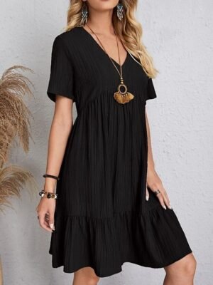 Casual Loose Plain V Neck Short Sleeve Mini Dress - Image 16