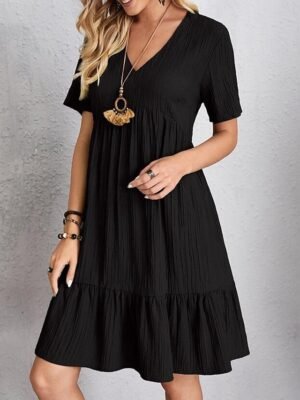 Casual Loose Plain V Neck Short Sleeve Mini Dress - Image 17