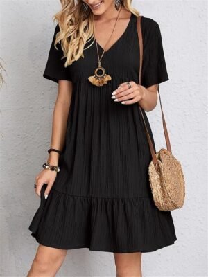 Casual Loose Plain V Neck Short Sleeve Mini Dress - Image 18